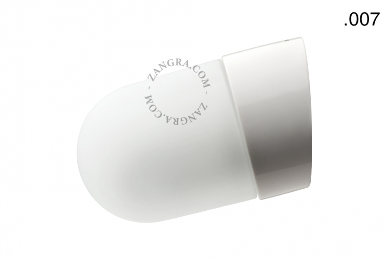 White porcelain wall light with glass globe for bathroom or outdoor use.