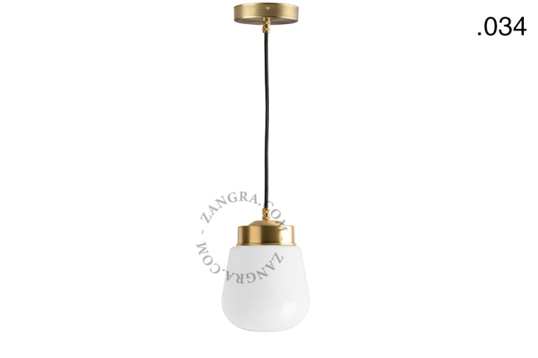 Brass pendant light with glass shade.