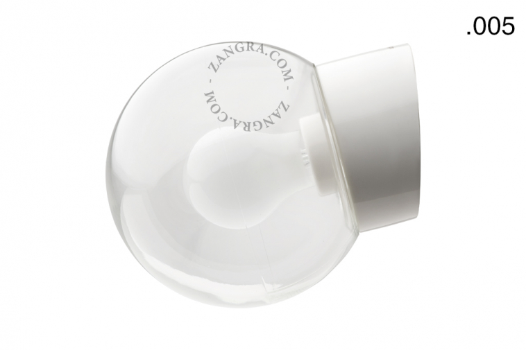 White porcelain wall light with glass globe for bathroom or outdoor use.