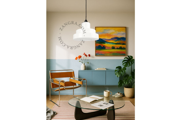 Art Deco pendant light with opal glass lampshade.