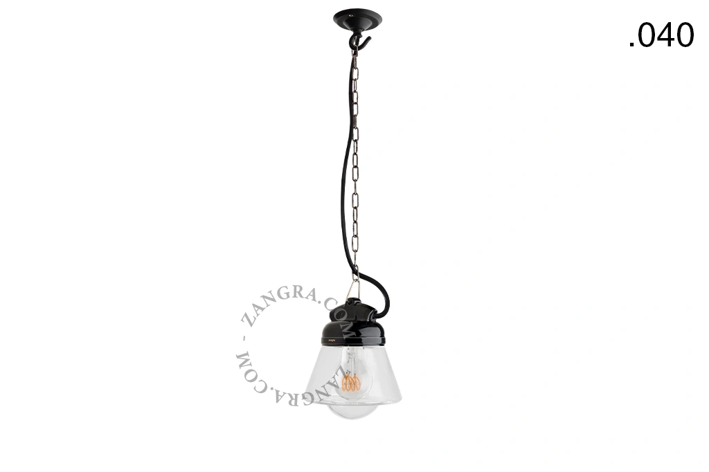 lampada a sospensione in porcellana nera per esterni o per bagno - paralume in vetro - IP54