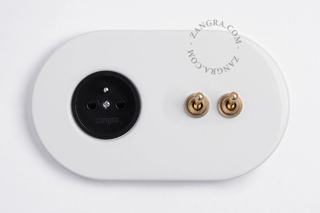 white flush mount socket & two-way or simple switch – double raw brass toggle