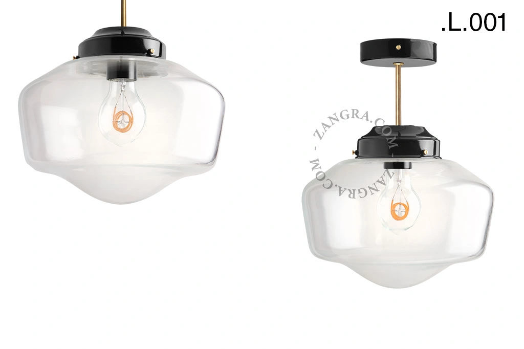 loftslampe i sort og messing - glas skærm