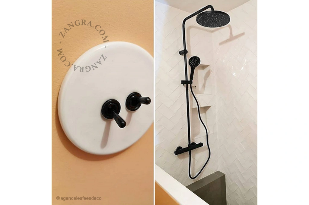 double interrupteur en porcelaine blanche va-et-vient ou simple - leviers noirs