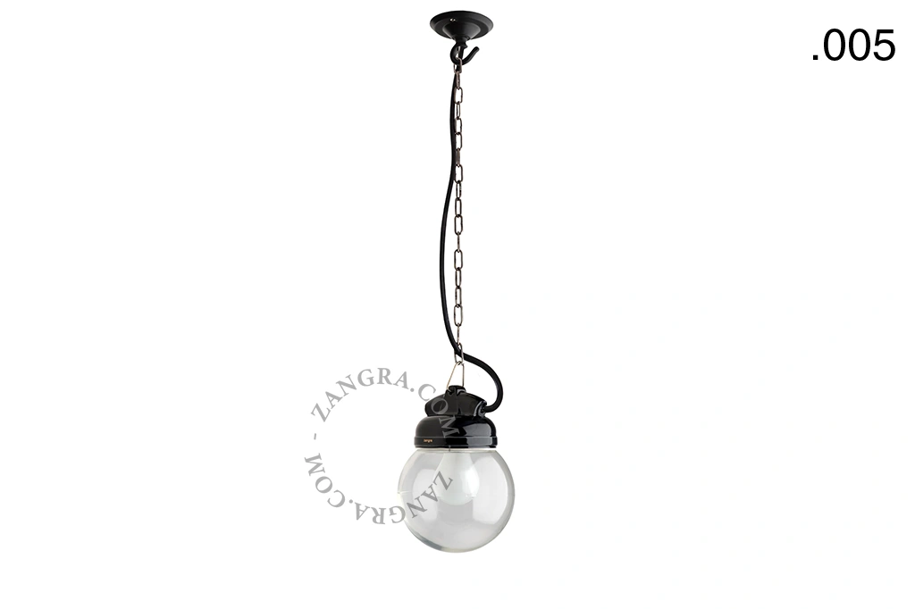 lampada a sospensione in porcellana nera per esterni o per bagno - paralume in vetro - IP54