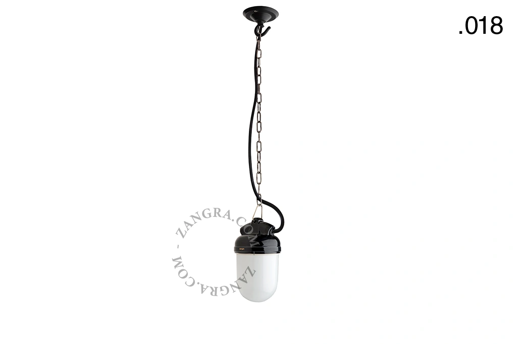 lampada a sospensione in porcellana nera per esterni o per bagno - paralume in vetro - IP54