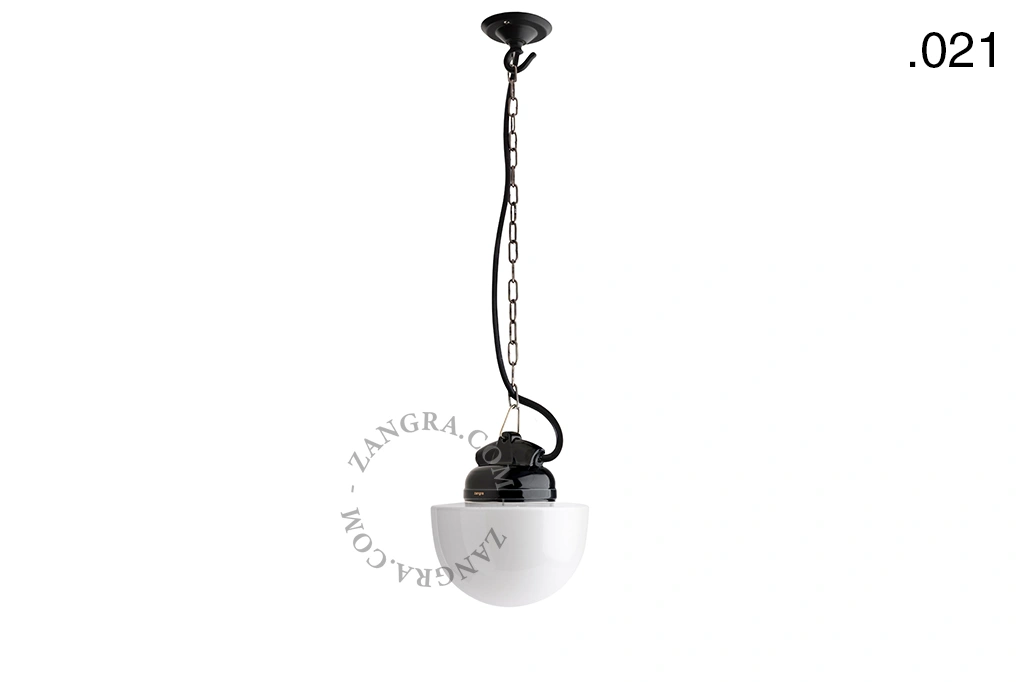 lampada a sospensione in porcellana nera per esterni o per bagno - paralume in vetro - IP54