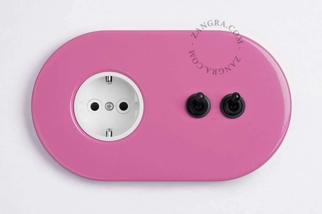 prise murale rose et double interrupteur va-et-vient ou simple - leviers noirs