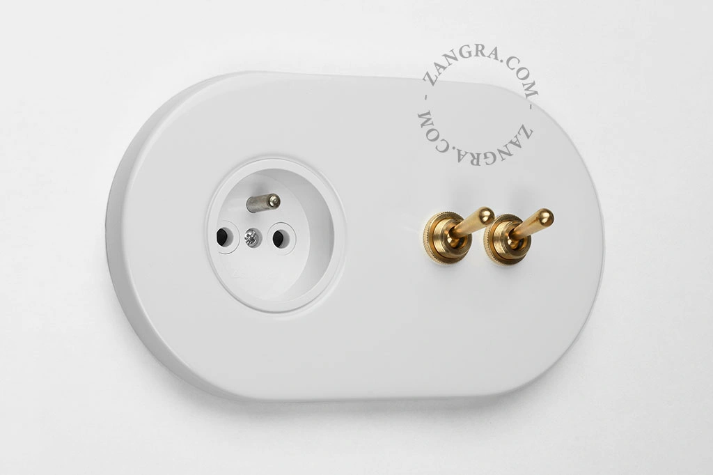 white flush mount socket & two-way or simple switch – double raw brass toggle