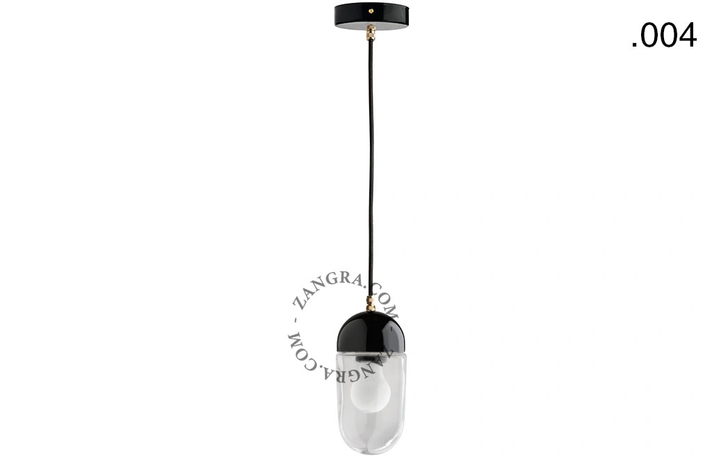 lampada a sospensione in porcellana nera - paralume in vetro