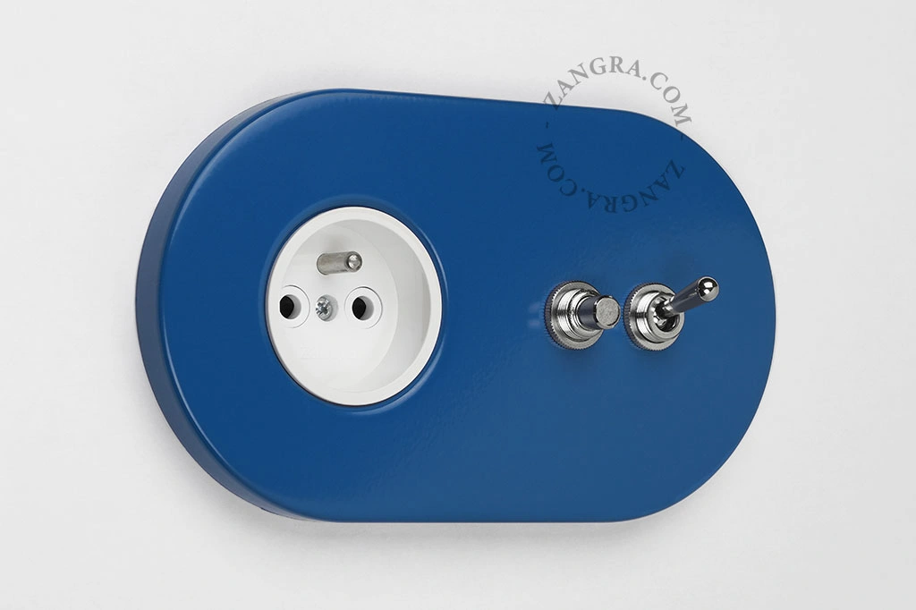 blue flush mount socket & two-way or simple switch – nickel-plated toggle & push-button