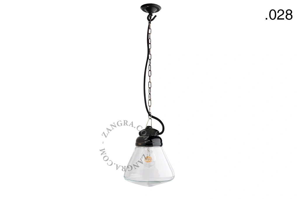 lampada a sospensione in porcellana nera per esterni o per bagno - paralume in vetro - IP54