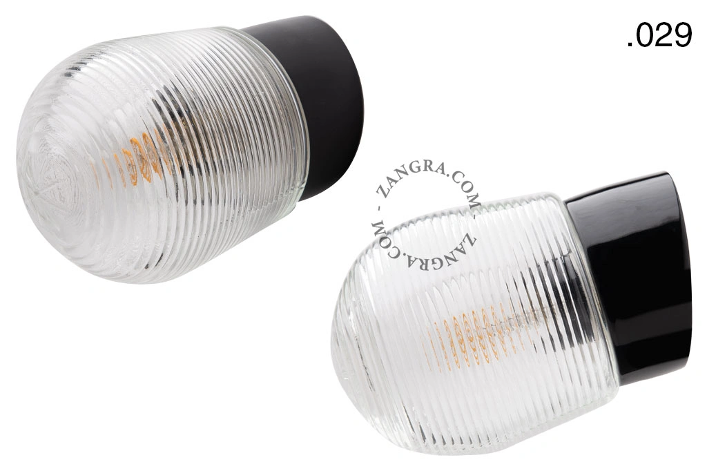 vägglampa i svart porslin för badrum med glasskärm – Ø 10cm - IP54