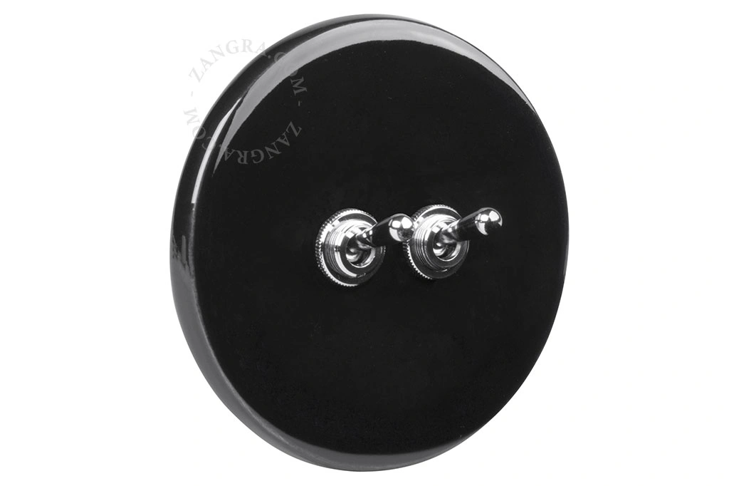 interruptor de porcelana negra doble simple o conmutado - 2 palancas de latón niquelado