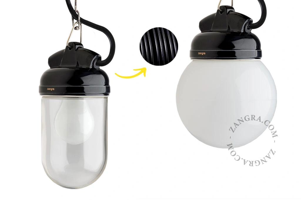lampada a sospensione in porcellana nera per esterni o per bagno - paralume in vetro - IP54