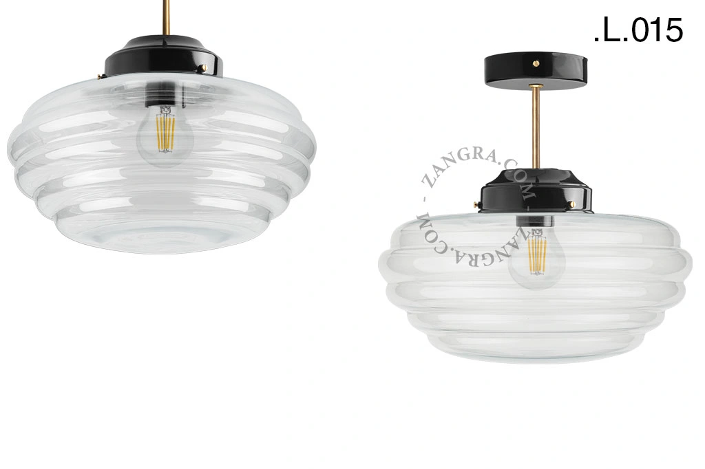 loftslampe i sort og messing - glas skærm