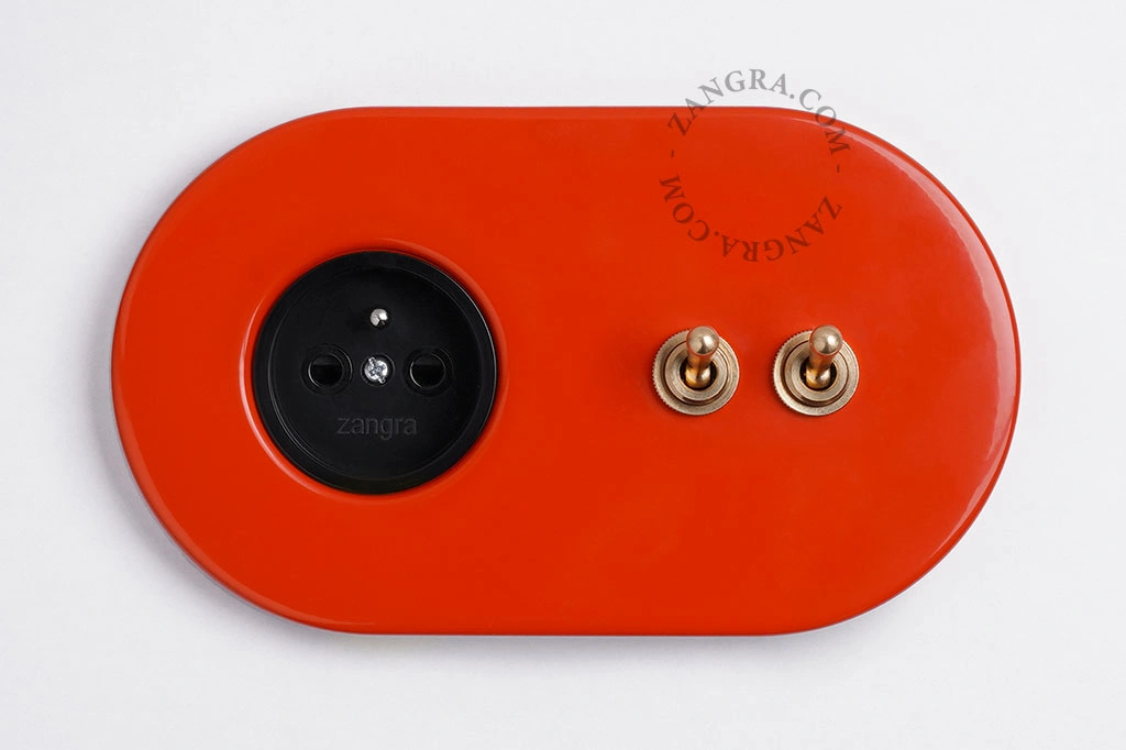 red flush mount socket & two-way or simple switch – double raw brass toggle