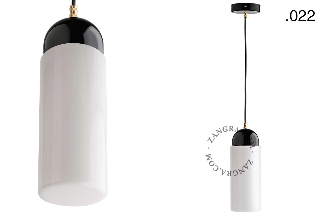 lampada a sospensione in porcellana nera - paralume in vetro