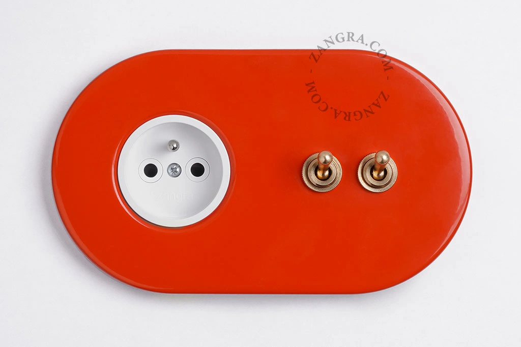 red flush mount socket & two-way or simple switch – double raw brass toggle