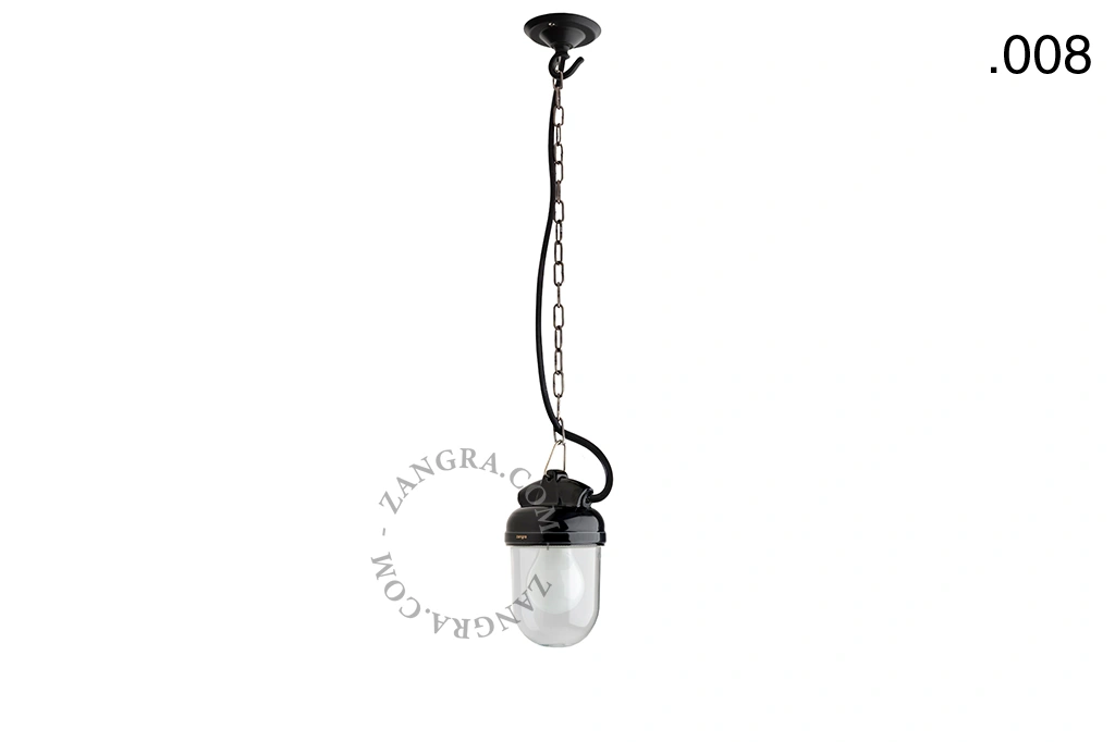 lampada a sospensione in porcellana nera per esterni o per bagno - paralume in vetro - IP54