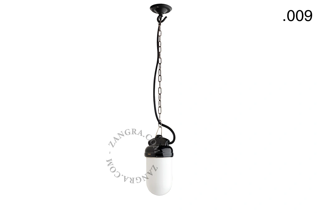 lampada a sospensione in porcellana nera per esterni o per bagno - paralume in vetro - IP54