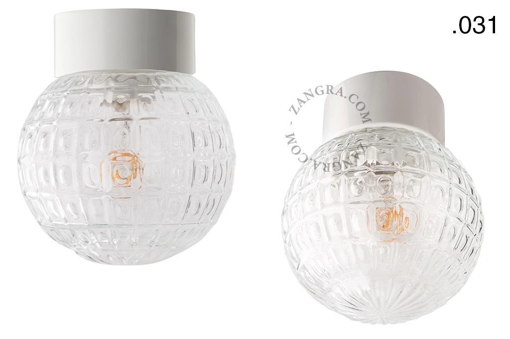 candeeiro de parede ou de teto em porcelana branca - abajur de vidro - Ø 10cm - IP54