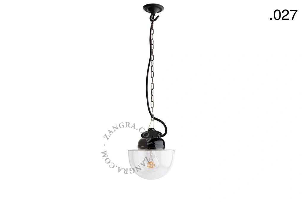 lampada a sospensione in porcellana nera per esterni o per bagno - paralume in vetro - IP54