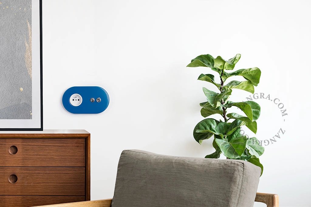 blue flush mount socket & two-way or simple switch – nickel-plated toggle & push-button