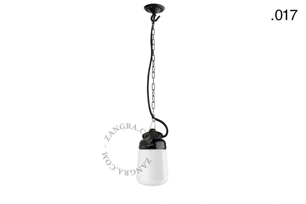 lampada a sospensione in porcellana nera per esterni o per bagno - paralume in vetro - IP54