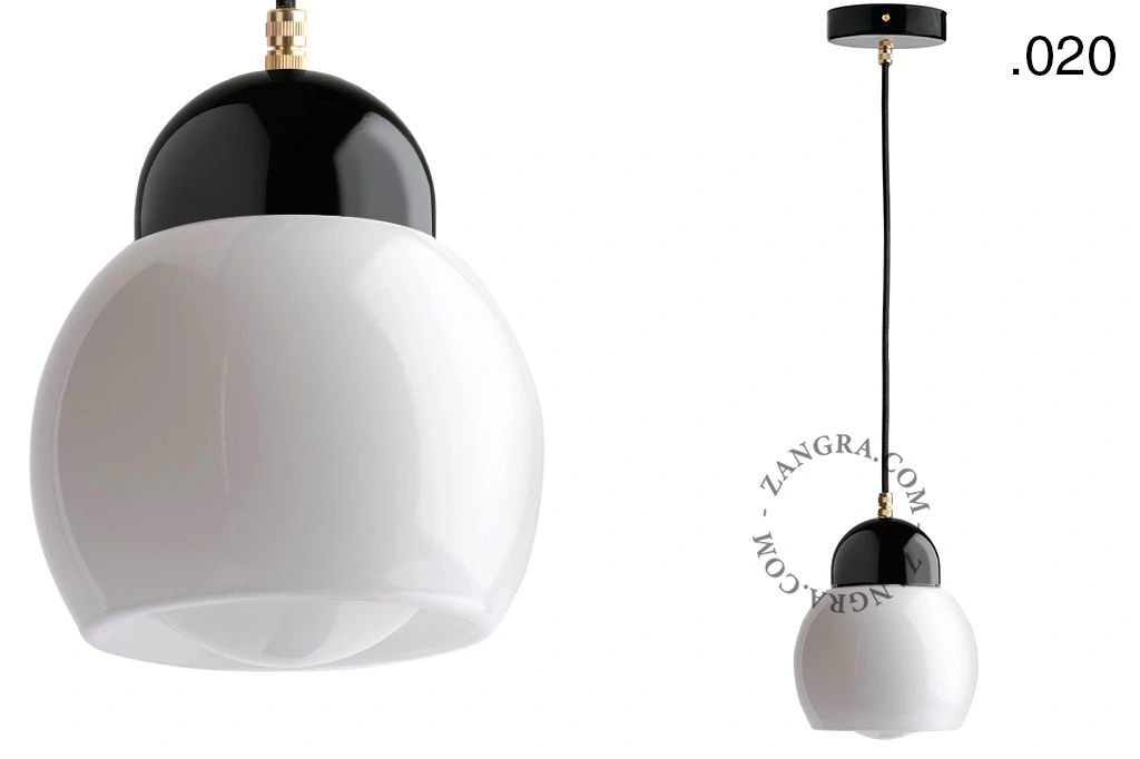 lampada a sospensione in porcellana nera - paralume in vetro