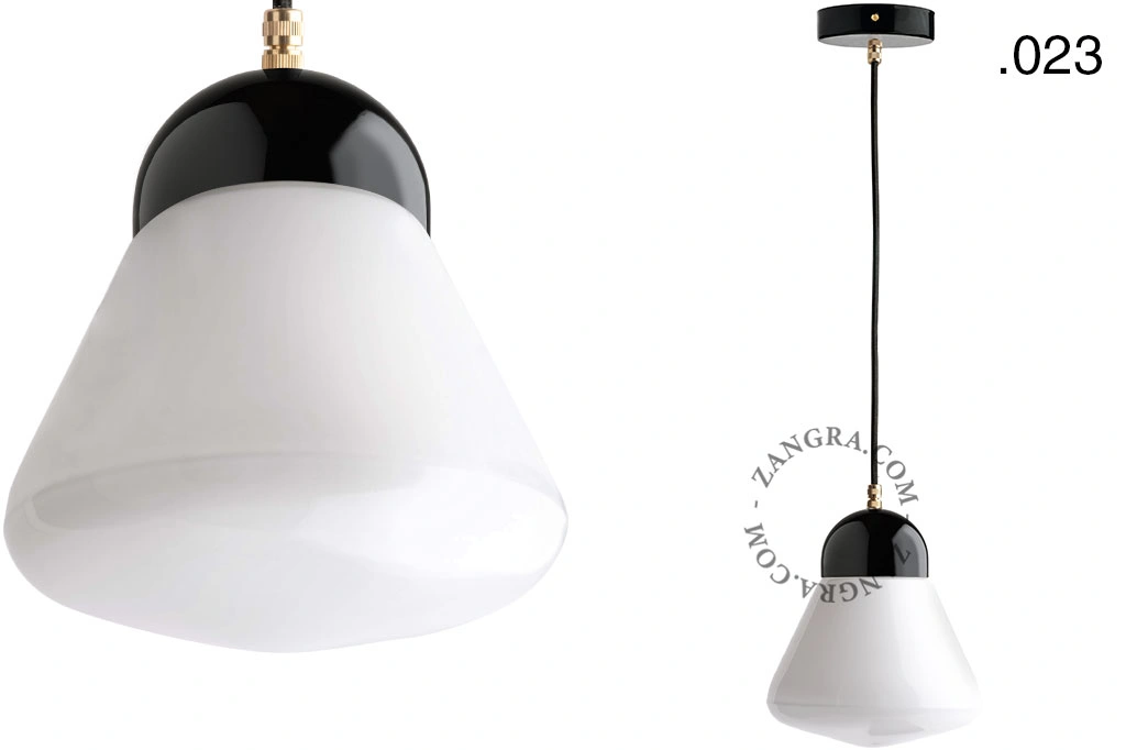 lampada a sospensione in porcellana nera - paralume in vetro