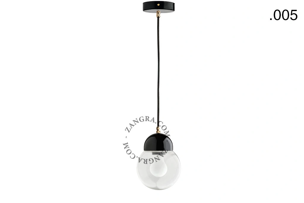 lampada a sospensione in porcellana nera - paralume in vetro