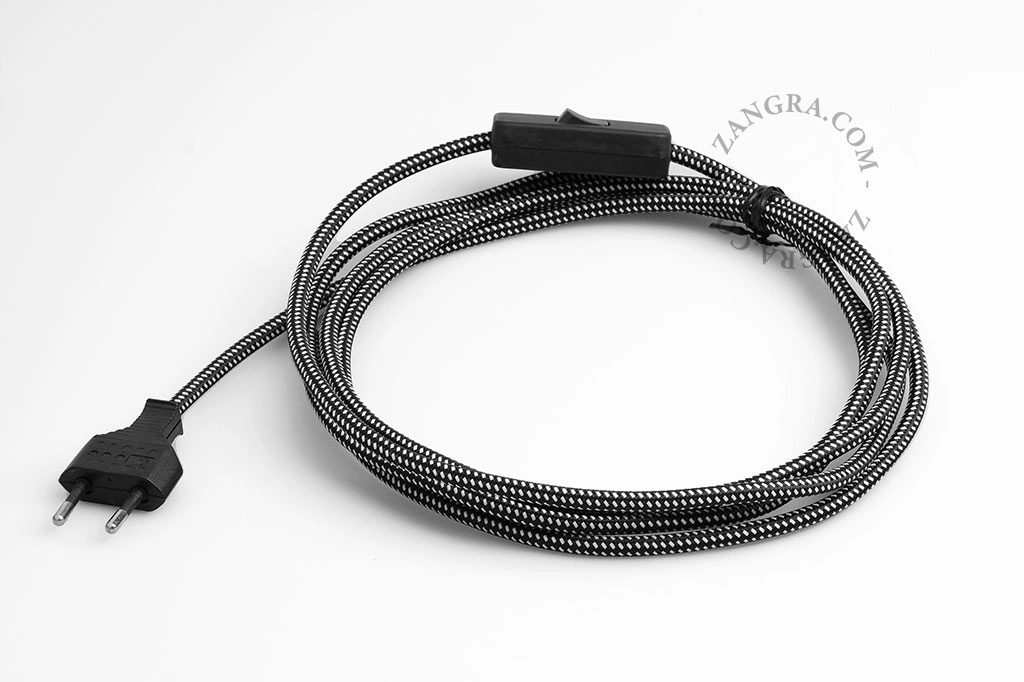 cordon d'alimentation en textile avec fiche et interrupteur - noir et blanc