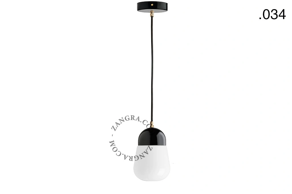 lampada a sospensione in porcellana nera - paralume in vetro