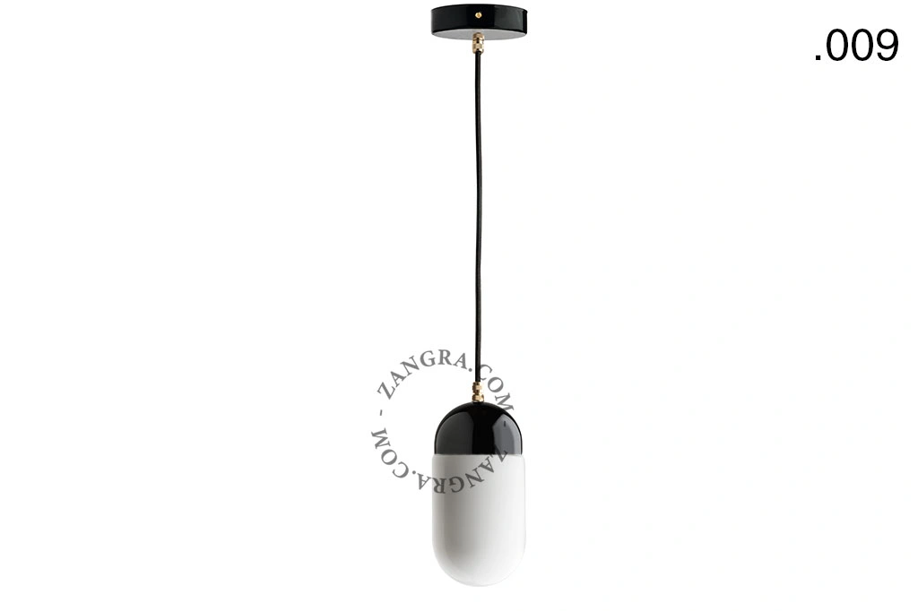 lampada a sospensione in porcellana nera - paralume in vetro
