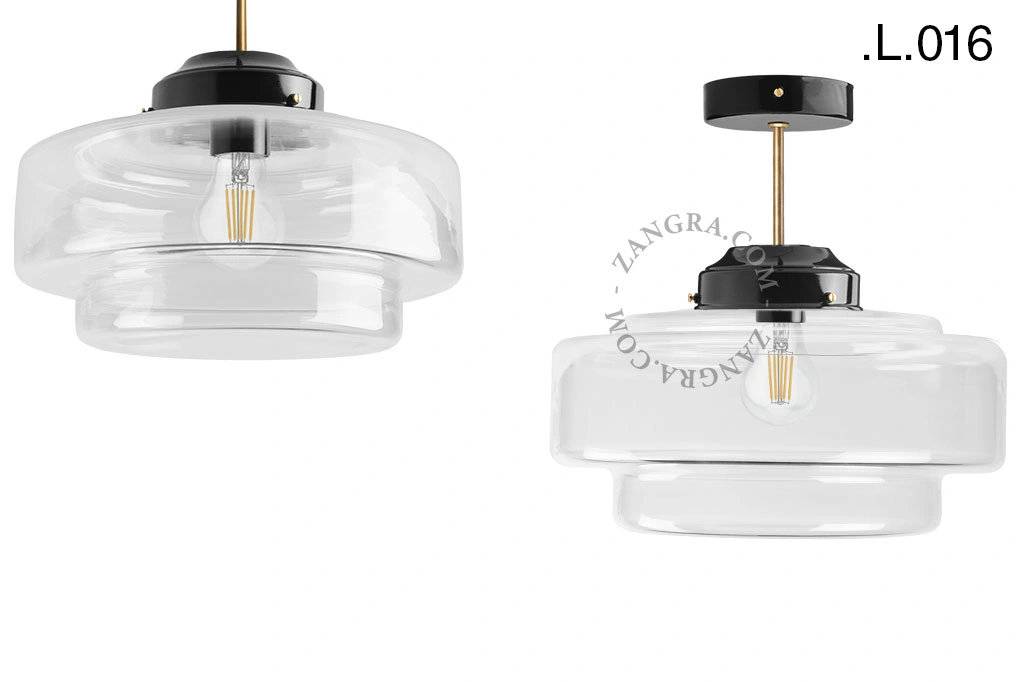 loftslampe i sort og messing - glas skærm