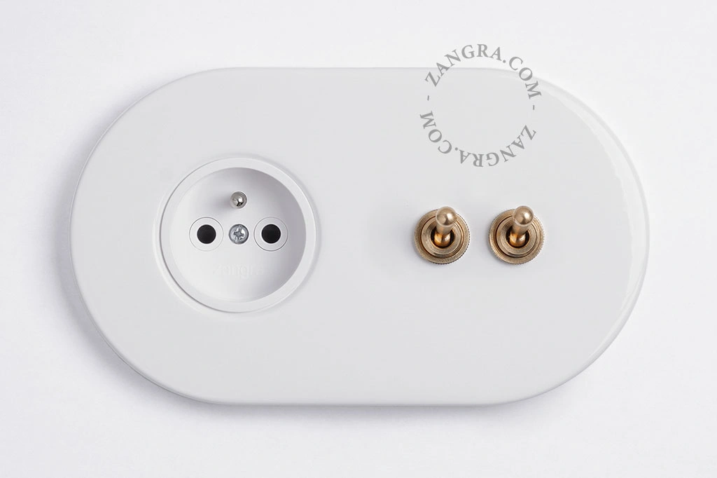 white flush mount socket & two-way or simple switch – double raw brass toggle