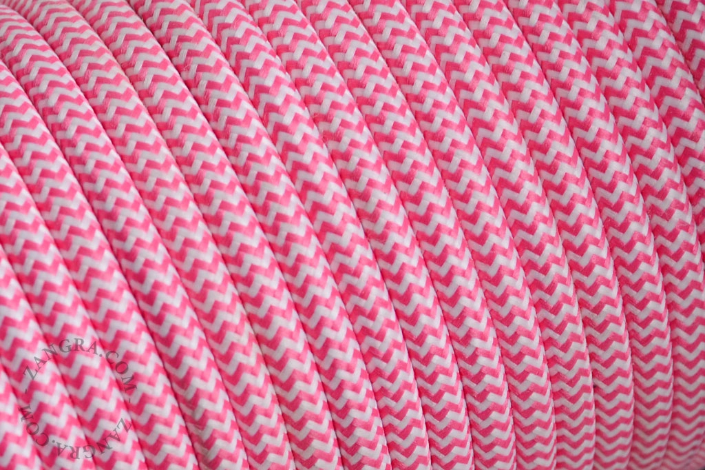 cabo têxtil - zigzag branco e cor-de-rosa