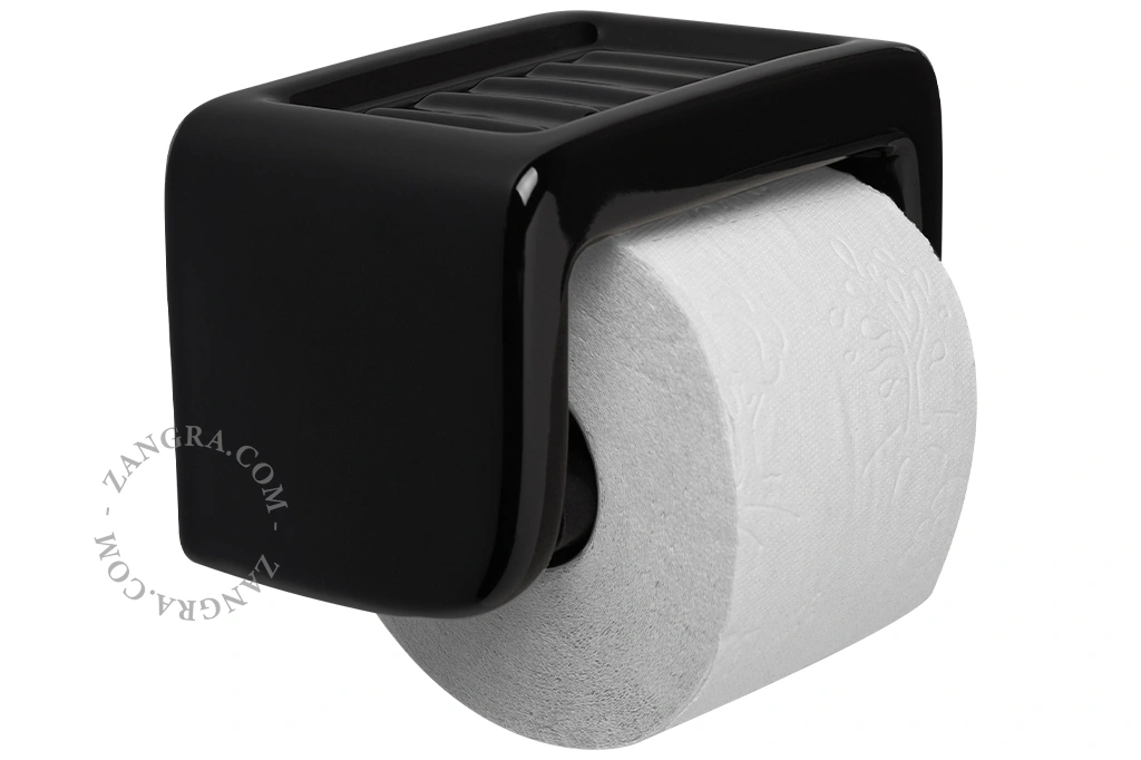 porcelanowy uchwyt na papier toaletowy z mydelniczką - czarny
