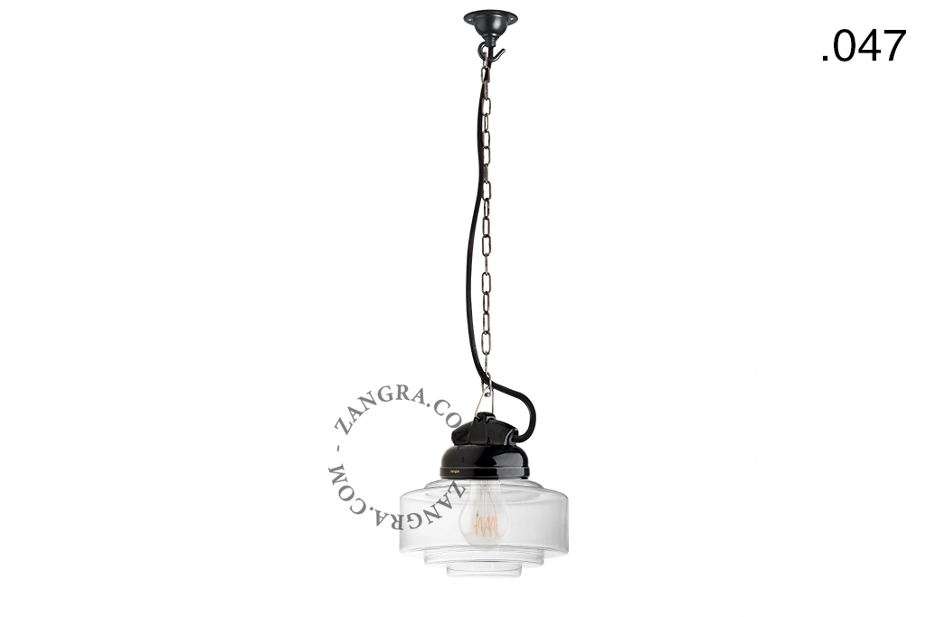 lampada a sospensione in porcellana nera per esterni o per bagno - paralume in vetro - IP54