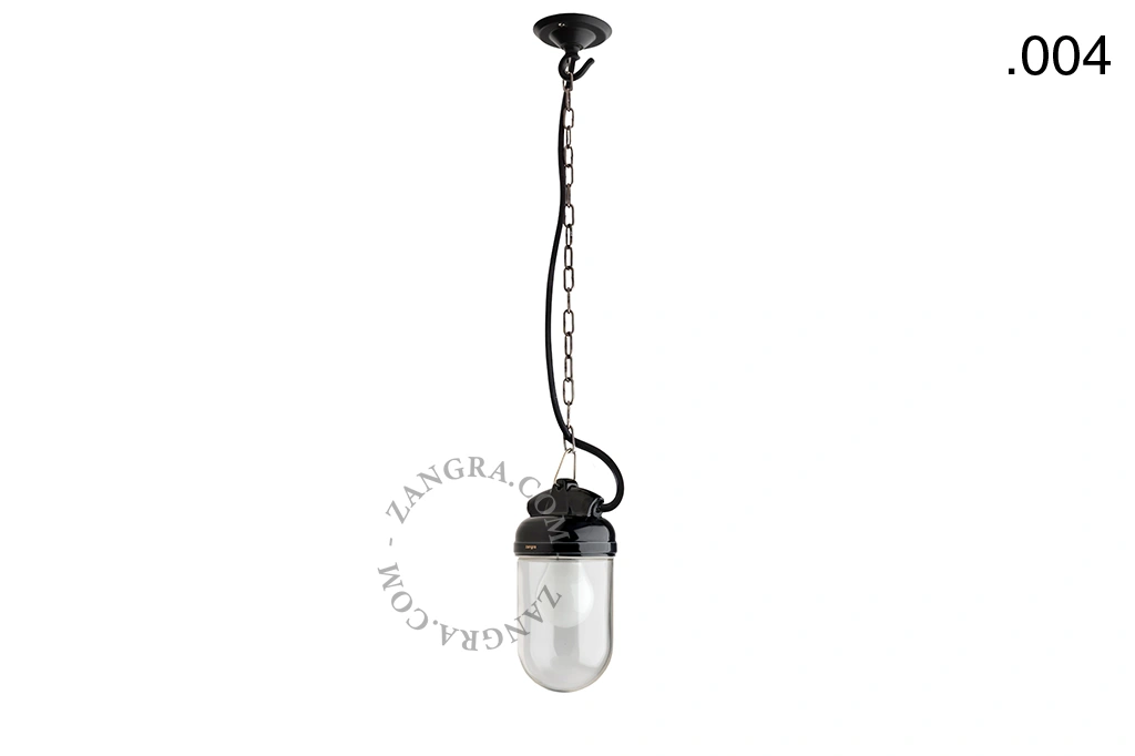 lampada a sospensione in porcellana nera per esterni o per bagno - paralume in vetro - IP54