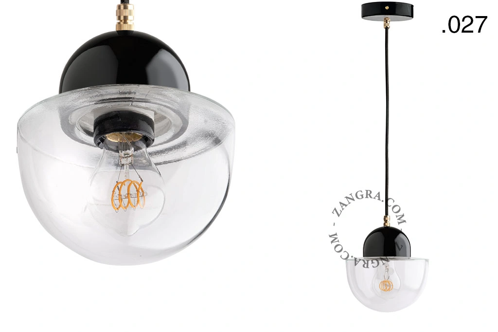 lampada a sospensione in porcellana nera - paralume in vetro