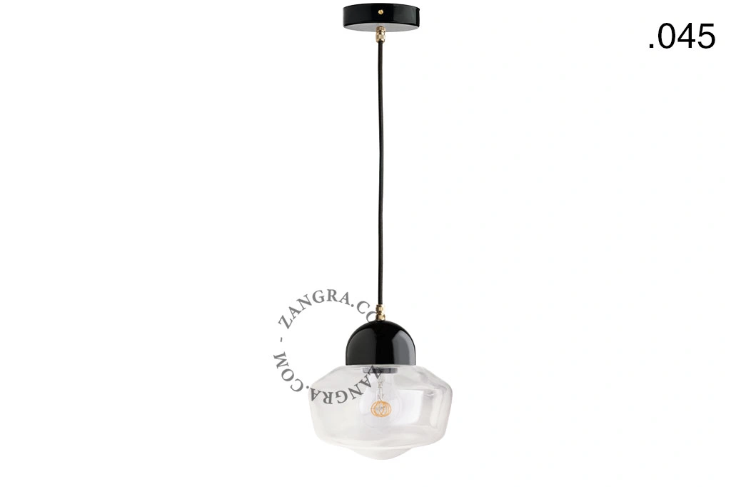 lampada a sospensione in porcellana nera - paralume in vetro