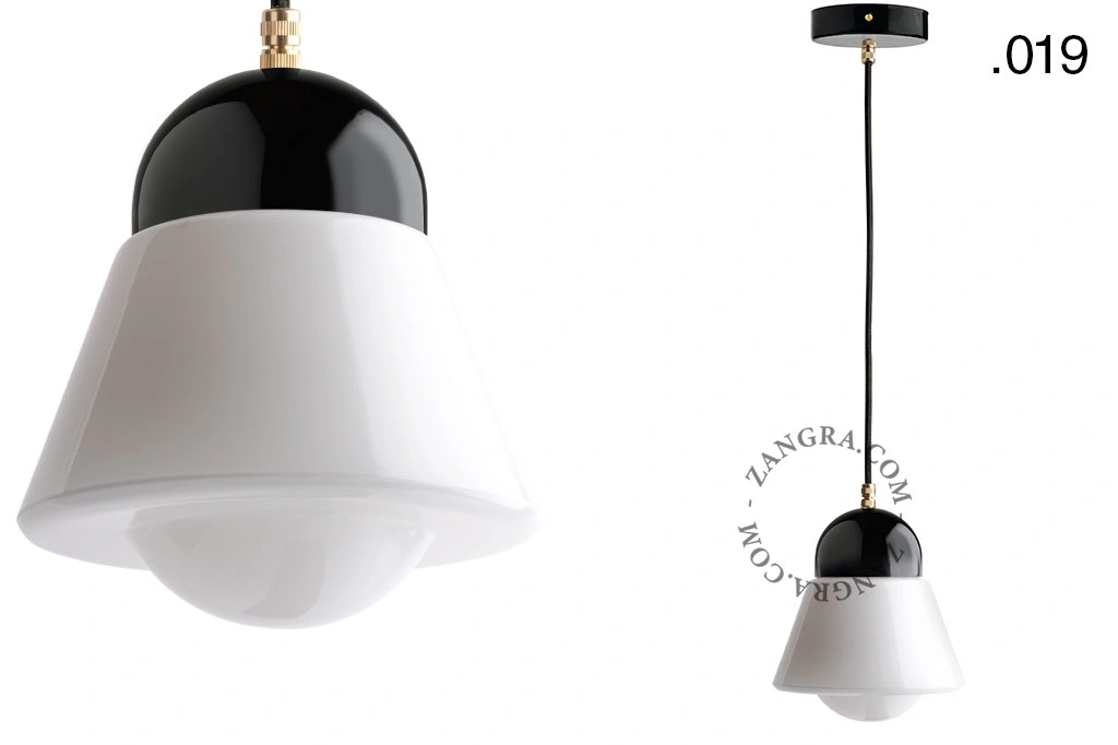 lampada a sospensione in porcellana nera - paralume in vetro
