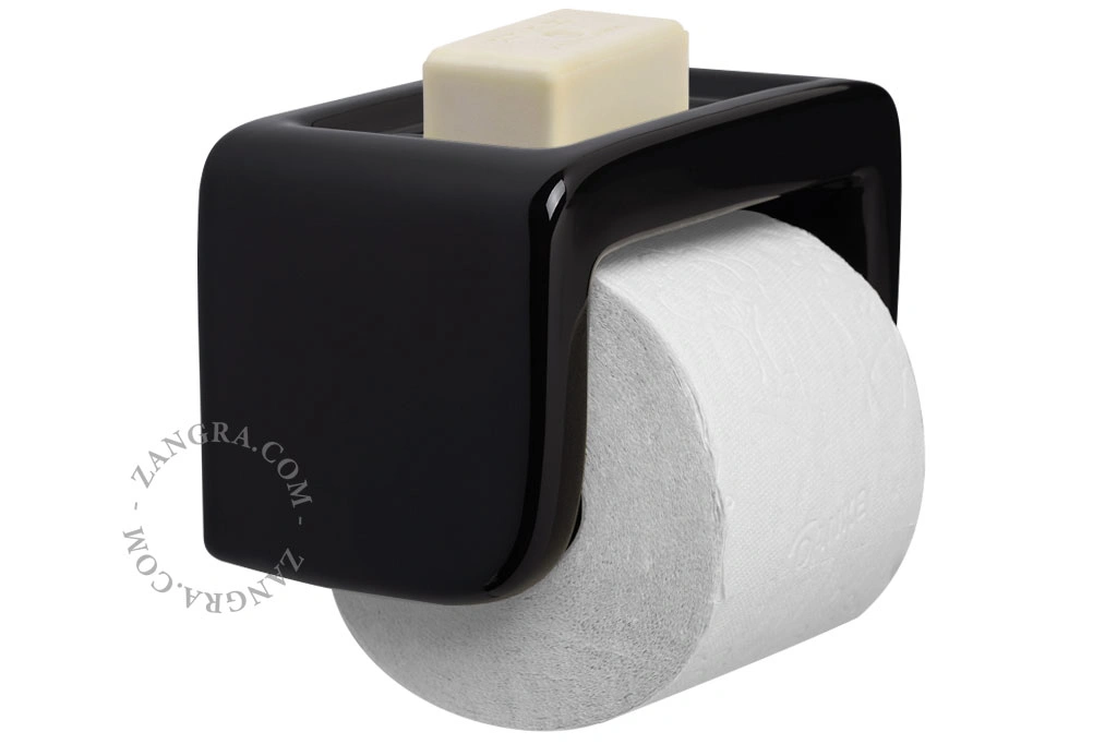porcelanowy uchwyt na papier toaletowy z mydelniczką - czarny