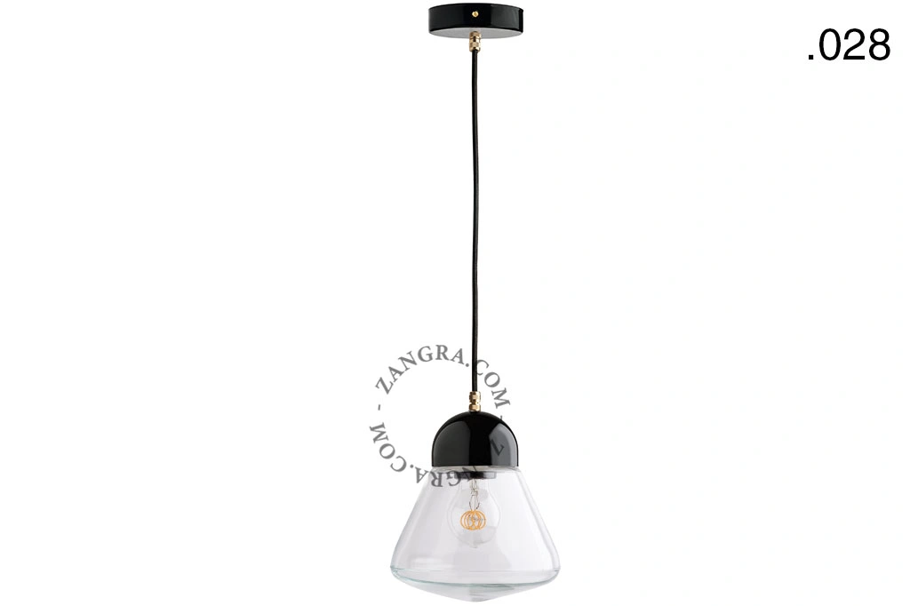 lampada a sospensione in porcellana nera - paralume in vetro