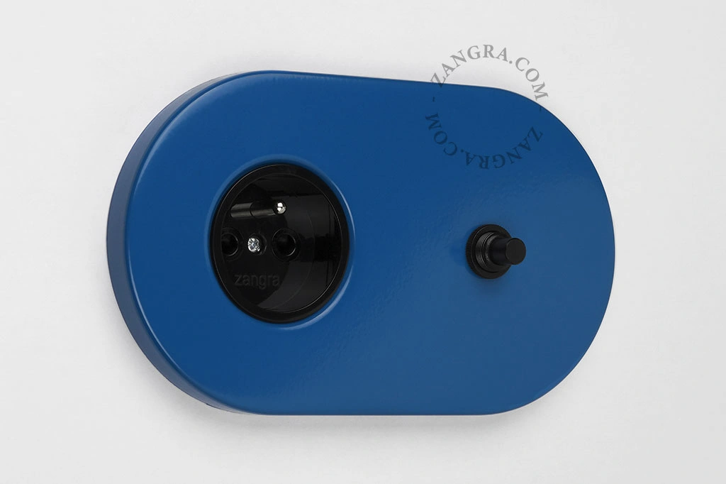 enchufe azul e interruptor pulsador negro