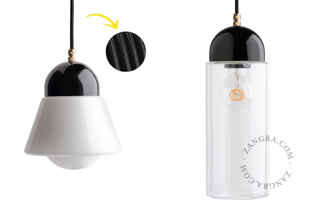 lampada a sospensione in porcellana nera - paralume in vetro