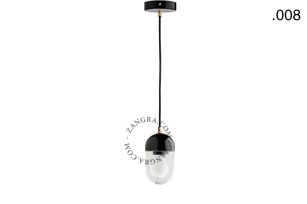 lampada a sospensione in porcellana nera - paralume in vetro