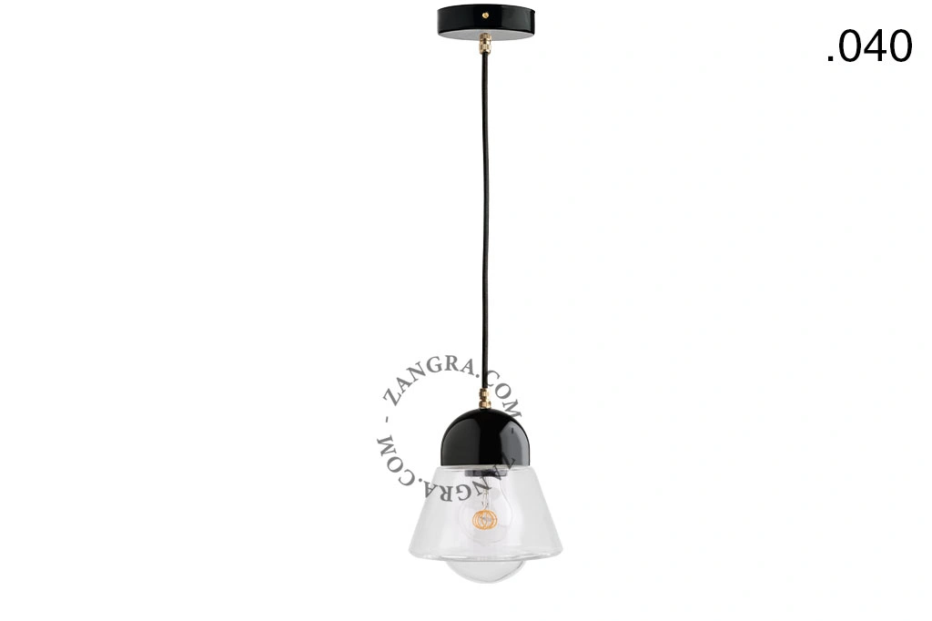 lampada a sospensione in porcellana nera - paralume in vetro
